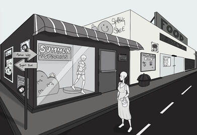 Two living mannequins on a street of shops.