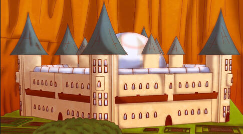 A castle front view with a garden and afternoon sunlight.
